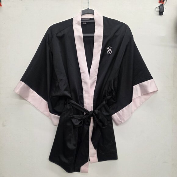 Victoria's Secret black & pink satin short robe kimono One Size Belted - Picture 10 of 10